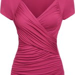 Nadorine Cross-Front V Neck Ruched Short Sleeve Blouses