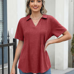 Nadorine Short Sleeve Polo T Shirts Pleated V Neck Tee