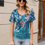 Nadorine Women's Short Sleeve V Neck Blouse Ruched Casual Tunic Tops