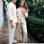 Women 2 Piece Outfits Sets Linen Button Down Long Sleeve Shirts and Wide Leg Pants Sets - Nadorine (Us Only)