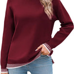 Nadorine Crewneck Pullover Long Sleeve Knit Side Slit Sweater