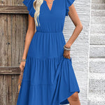 Nadorine Casual Ruffle Sleeve V Neck Midi Dress