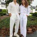 Women 2 Piece Outfits Sets Linen Button Down Long Sleeve Shirts and Wide Leg Pants Sets - Nadorine (Us Only)