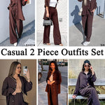 Women 2 Piece Outfits Sets Linen Button Down Long Sleeve Shirts and Wide Leg Pants Sets - Nadorine (Us Only)