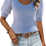 Nadorine Puff Sleeve Tops Sweater V Neck Short Sleeve Shirts