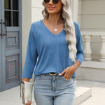 Nadorine 3/4 Length Sleeve Womens Tops Casual V Neck Shirts Soft Basic Tees Business Work Blouses