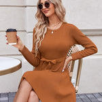 Nadorine Women's Casual Dress Tie Waist Fall Ribbed Dress