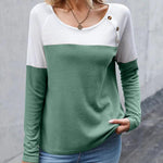 Nadorine Women Waffle Knit Shirts Long Sleeve Colorblock Tee