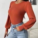 Nadorine Women Long Puff Sleeve Sweater Slim Fit Ribbed Knit Bodysuit