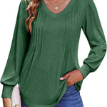 Nadorine Women'S Puff Long Sleeve Shirts Pleated V Neck Tunic Tops