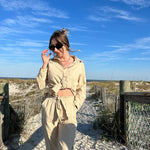 Women 2 Piece Outfits Sets Linen Button Down Long Sleeve Shirts and Wide Leg Pants Sets - Nadorine (Us Only)