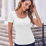 Nadorine Short Sleeve Shirts Ribbed Knit Square Neck Tshirt