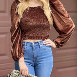 Womens Blouses Long Sleeve Crop Tops Square Neck Sexy Casual Slim Fitted Velvet Tops S-3XL - Nadorine (Us Only)
