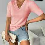 Nadorine Short Sleeve Sweaters Soft Casual V Neck Pullover Tops