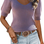 Nadorine Puff Sleeve Tops Sweater V Neck Short Sleeve Shirts