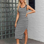 Nadorine Striped Knit Dress Casual Bodycon Side Slit Sundress
