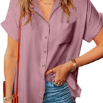 Nadorine Linen Shirts Cotton Short Sleeve V Neck Collared Blouses
