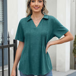 Nadorine Short Sleeve Polo T Shirts Pleated V Neck Tee