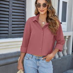 Nadorine Cropped Button Down Shirts Long Sleeve V Neck Solid Tops
