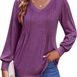 Nadorine Women'S Puff Long Sleeve Shirts Pleated V Neck Tunic Tops
