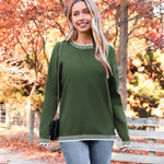 Nadorine Crewneck Pullover Long Sleeve Knit Side Slit Sweater