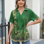 Nadorine Short Sleeve Polo T Shirts Pleated V Neck Tee