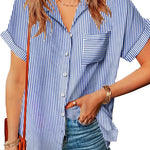 Nadorine Linen Shirts Cotton Short Sleeve V Neck Collared Blouses