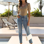 Nadorine Puff Sleeve Tops Sweater V Neck Short Sleeve Shirts