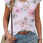 Nadorine V Neck Eyelet T Shirts Cap Sleeve Tops