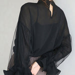 Simple Solid Color Puff Sleeve Mesh Splicing Chiffon Shirt