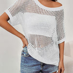 Nadorine Short Sleeve Crochet Sweater Tops