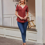 Nadorine Tunic Tops V Neck Loose Fit Short Sleeve Shirt (DE Only)