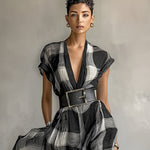 Women's Linen Blend Plaid V-neck Cap Sleeve Belt Maxi Dress
