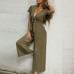 Jumpsuit Wide Leg Casual Short Sleeve Solid Color Bowknot V Neck Jumpsuit