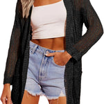 Nadorine Women 2024 Lightweight Crochet Cardigan Long Sleeve Open Front Knit Sweater Summer Kimono Cover Up with Pockets