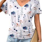 Nadorine Women's Short Sleeve V Neck Blouse Ruched Casual Tunic Tops