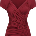 Nadorine Cross-Front V Neck Ruched Short Sleeve Blouses