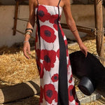 Floral Print Suspenders Paneled Back Pleated Maxi Dress