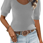 Nadorine Puff Sleeve Tops Sweater V Neck Short Sleeve Shirts