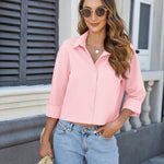 Nadorine Cropped Button Down Shirts Long Sleeve V Neck Solid Tops