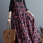 Artistic Retro Ramie Cotton Loose 3 Colors Floral Printed Square-Neck Sleeveless Strap Dress