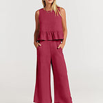 Nadorine 2 Piece Outfits Sleeveless Ruffle Tank Crop Top and Wide Leg Pants Lounge Set with Pockets