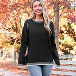 Nadorine Crewneck Pullover Long Sleeve Knit Side Slit Sweater