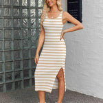 Nadorine Striped Knit Dress Casual Bodycon Side Slit Sundress