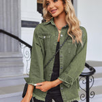 Nadorine Jean Jackets Ripped Stretchy Denim Jean Jacket