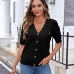 Nadorine Short Sleeve Cardigan Button Down Ribbed Knit Sweater Tops
