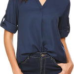 Women's Business Casual V Neck Cuffed Sleeves Work Blouse Top - Nadorine (Us Only)
