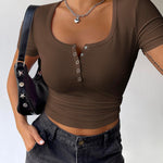 Nadorine Short Sleeve Shirts Ribbed Knit Square Neck Tshirt