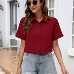 Nadorine Button Down Blouse Rolled Cuffed Short Sleeve Shirts