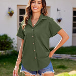 Nadorine Linen Shirts Cotton Short Sleeve V Neck Button Down Blouses